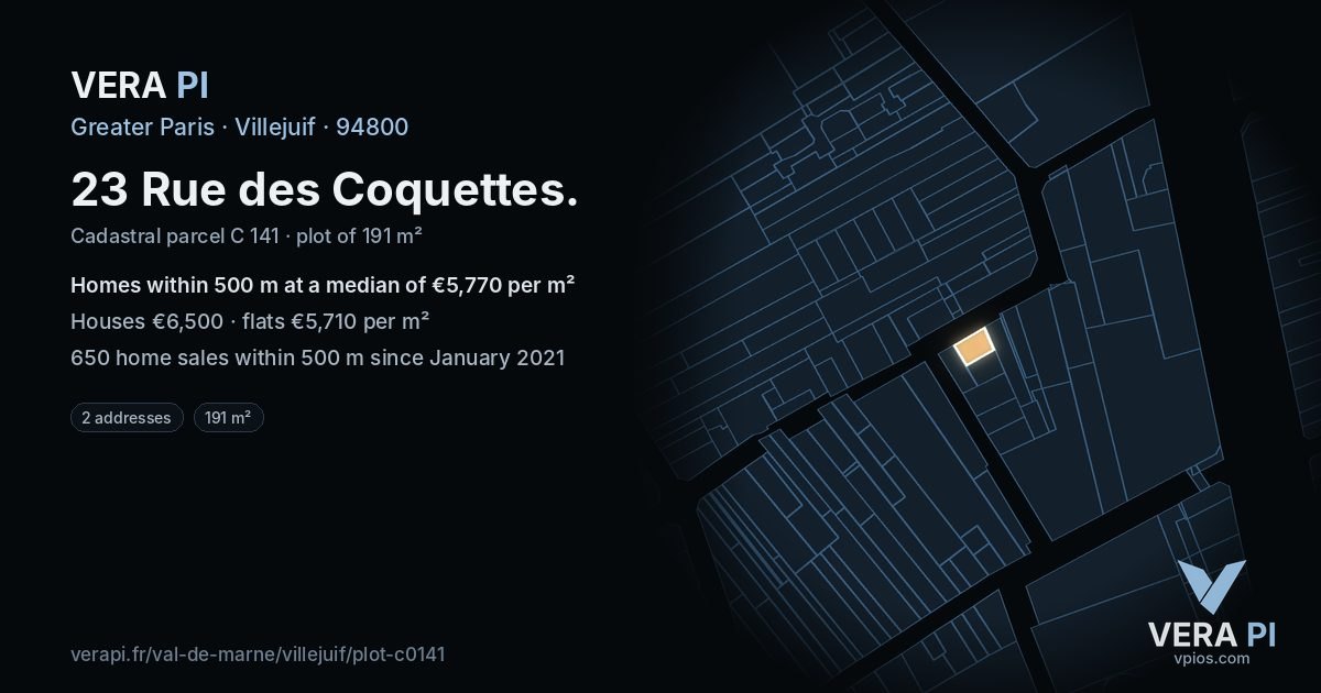 23 Rue des Coquettes, Villejuif at night – the plot lit, the parcels around coloured by the prices near them