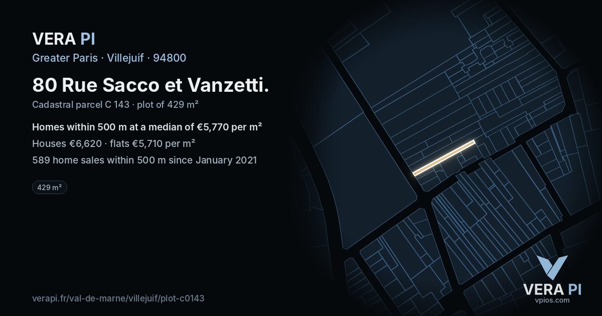 80 Rue Sacco et Vanzetti, Villejuif at night – the plot lit, the parcels around coloured by the prices near them