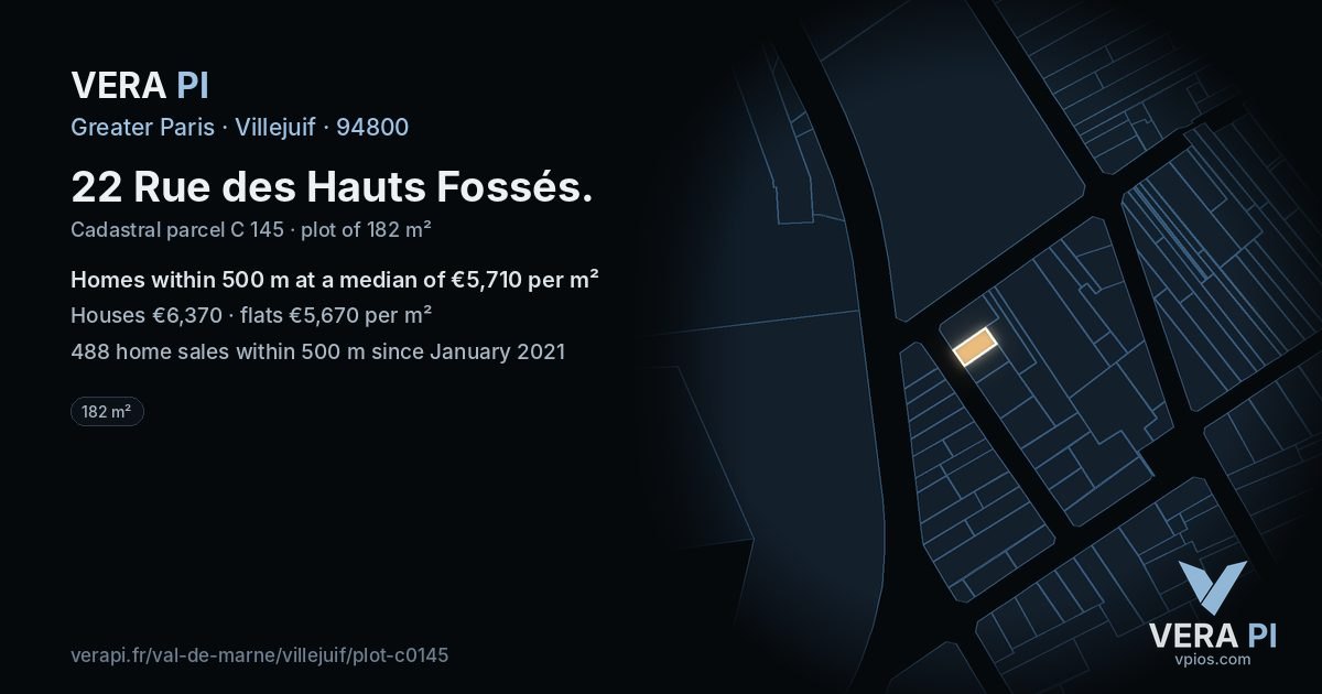 22 Rue des Hauts Fossés, Villejuif at night – the plot lit, the parcels around coloured by the prices near them