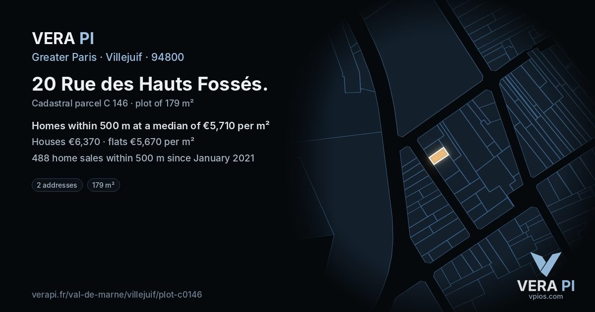20 Rue des Hauts Fossés, Villejuif at night – the plot lit, the parcels around coloured by the prices near them