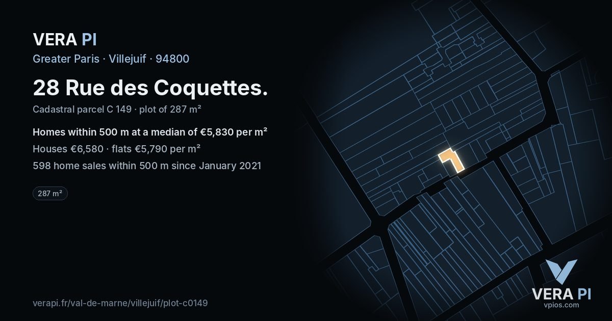 28 Rue des Coquettes, Villejuif at night – the plot lit, the parcels around coloured by the prices near them