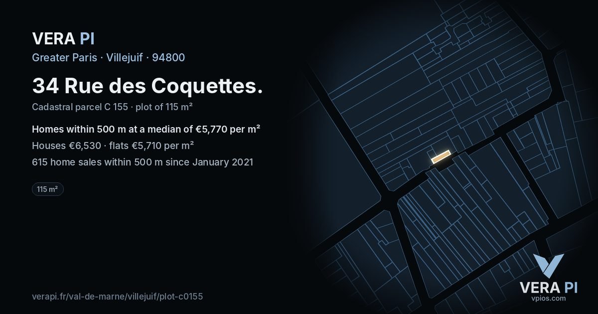 34 Rue des Coquettes, Villejuif at night – the plot lit, the parcels around coloured by the prices near them