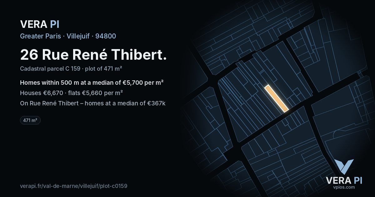 26 Rue René Thibert, Villejuif at night – the plot lit, the parcels around coloured by the prices near them