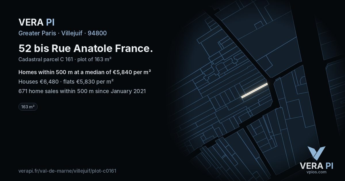 52 bis Rue Anatole France, Villejuif at night – the plot lit, the parcels around coloured by the prices near them