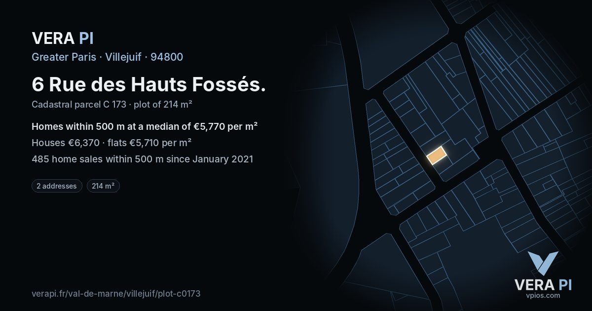 6 Rue des Hauts Fossés, Villejuif at night – the plot lit, the parcels around coloured by the prices near them