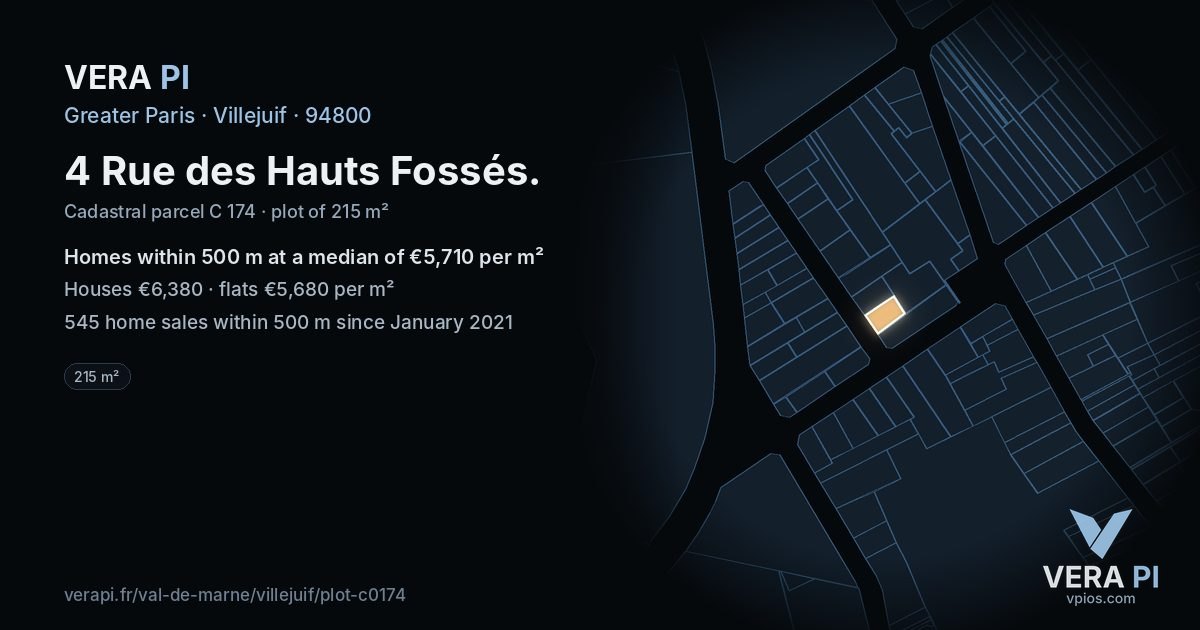 4 Rue des Hauts Fossés, Villejuif at night – the plot lit, the parcels around coloured by the prices near them
