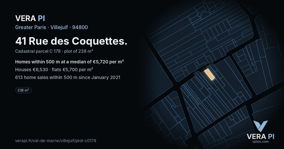 41 Rue des Coquettes, Villejuif at night – the plot lit, the parcels around coloured by the prices near them