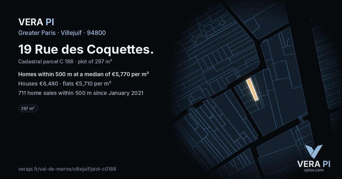19 Rue des Coquettes, Villejuif at night – the plot lit, the parcels around coloured by the prices near them
