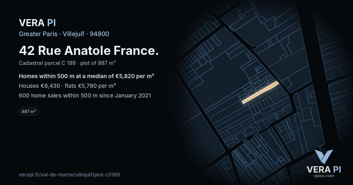 42 Rue Anatole France, Villejuif at night – the plot lit, the parcels around coloured by the prices near them