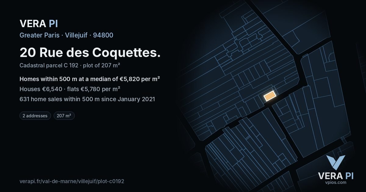 20 Rue des Coquettes, Villejuif at night – the plot lit, the parcels around coloured by the prices near them