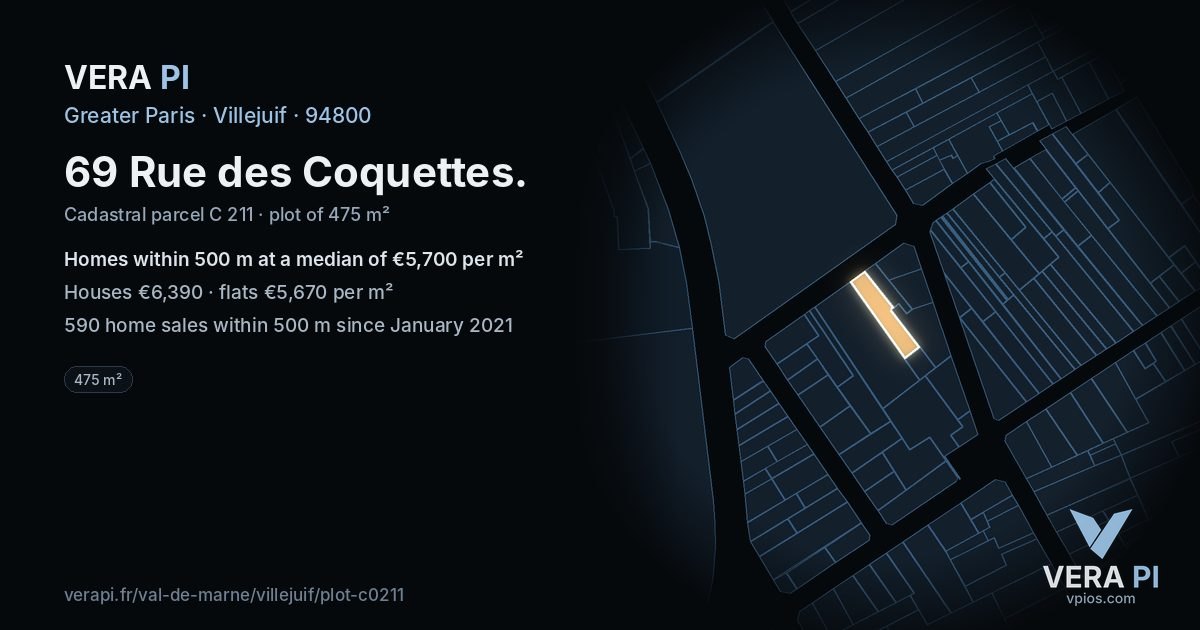 69 Rue des Coquettes, Villejuif at night – the plot lit, the parcels around coloured by the prices near them