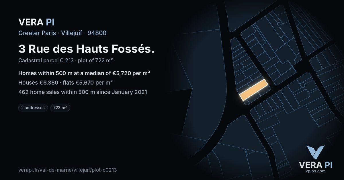 3 Rue des Hauts Fossés, Villejuif at night – the plot lit, the parcels around coloured by the prices near them