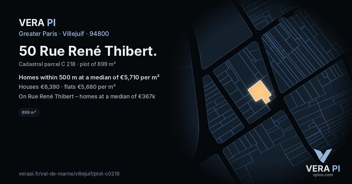 50 Rue René Thibert, Villejuif at night – the plot lit, the parcels around coloured by the prices near them