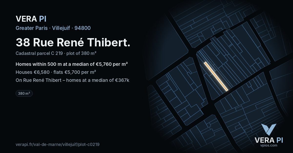38 Rue René Thibert, Villejuif at night – the plot lit, the parcels around coloured by the prices near them