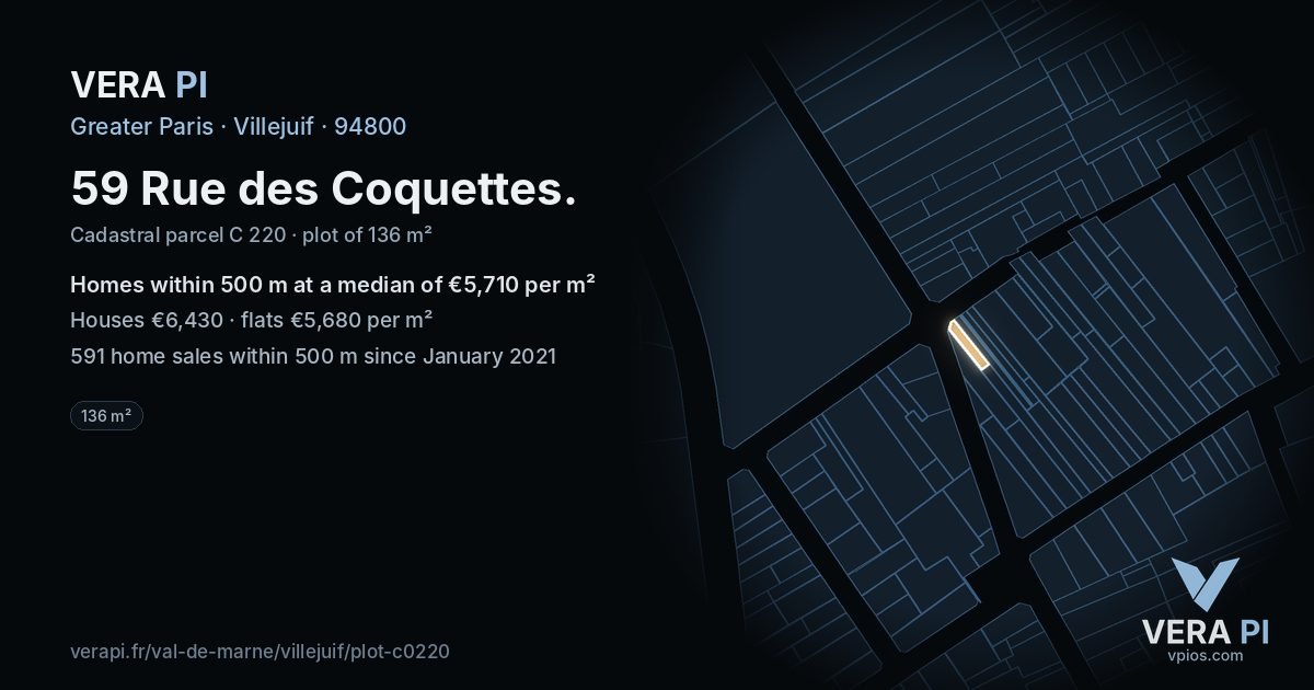 59 Rue des Coquettes, Villejuif at night – the plot lit, the parcels around coloured by the prices near them