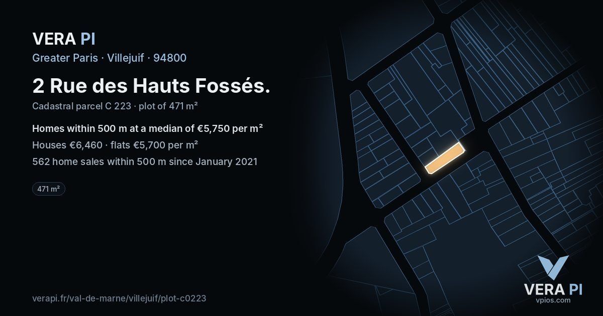 2 Rue des Hauts Fossés, Villejuif at night – the plot lit, the parcels around coloured by the prices near them