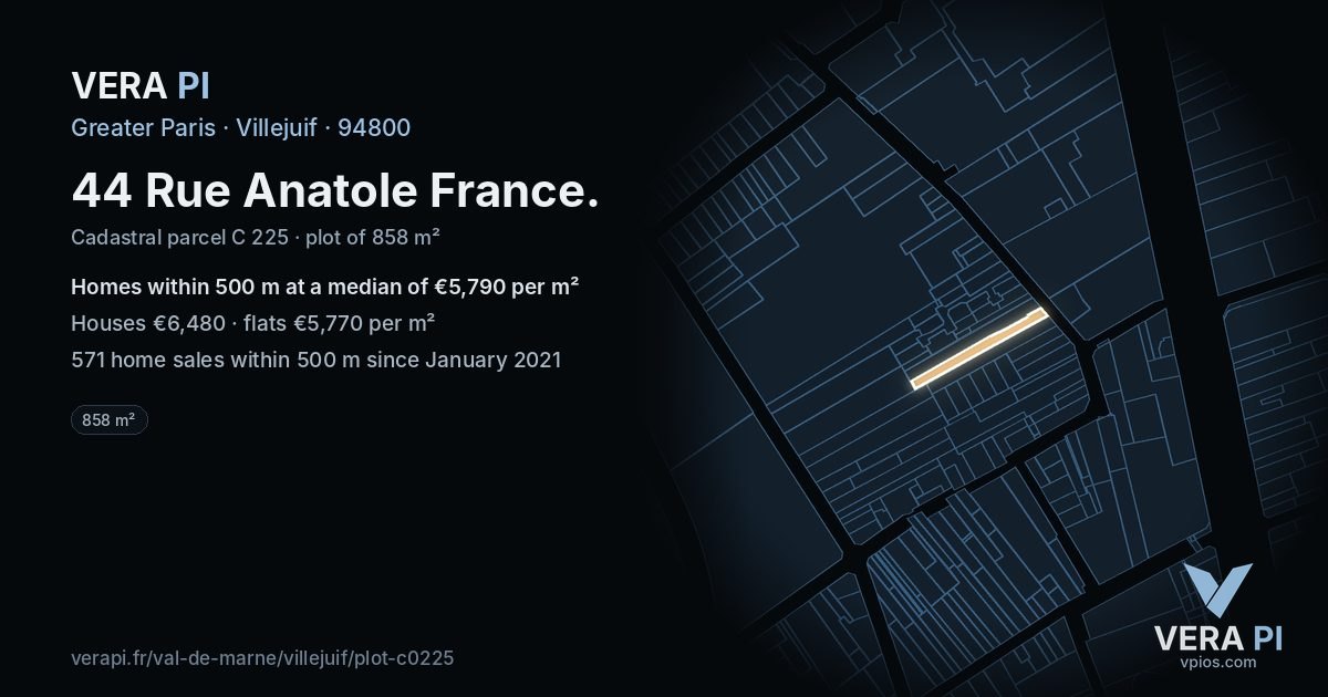 44 Rue Anatole France, Villejuif at night – the plot lit, the parcels around coloured by the prices near them