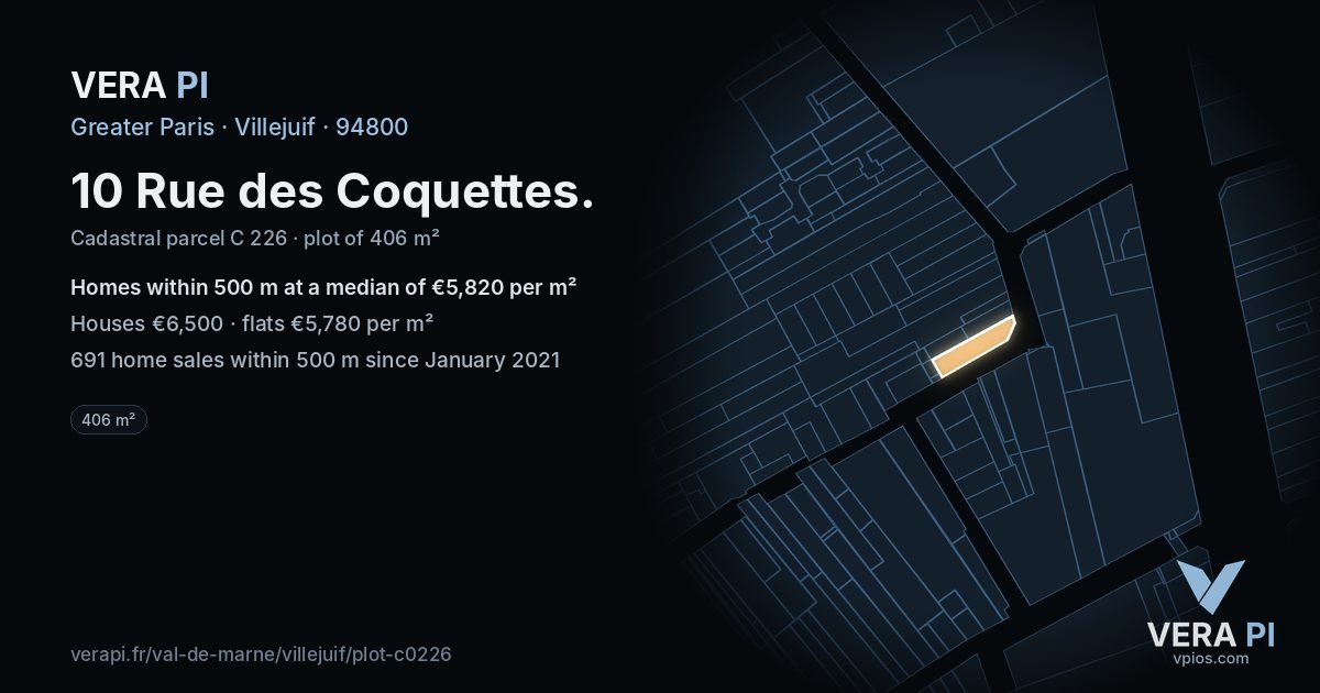 10 Rue des Coquettes, Villejuif at night – the plot lit, the parcels around coloured by the prices near them