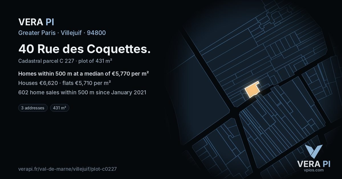 40 Rue des Coquettes, Villejuif at night – the plot lit, the parcels around coloured by the prices near them