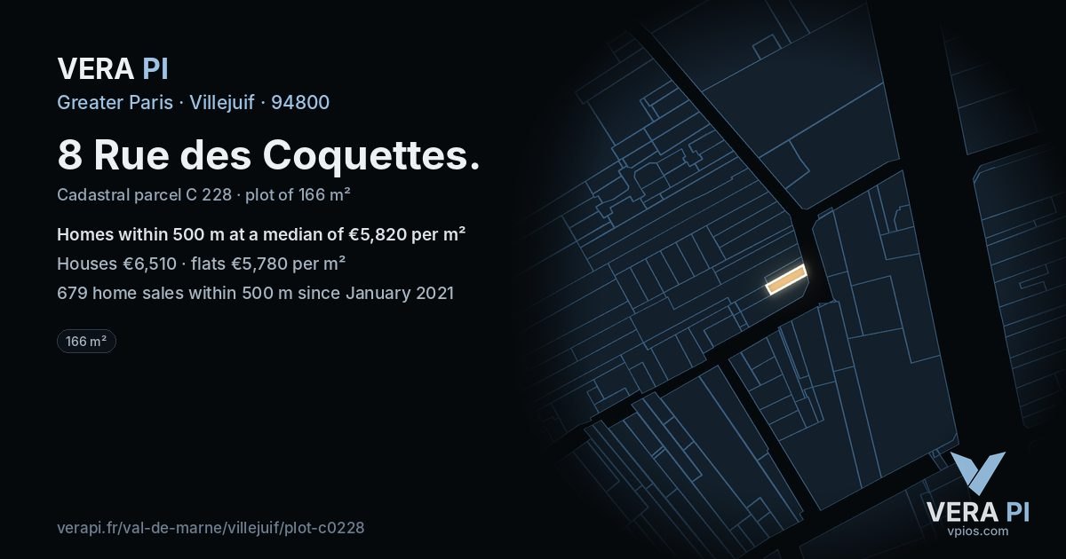 8 Rue des Coquettes, Villejuif at night – the plot lit, the parcels around coloured by the prices near them