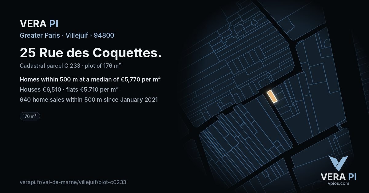 25 Rue des Coquettes, Villejuif at night – the plot lit, the parcels around coloured by the prices near them
