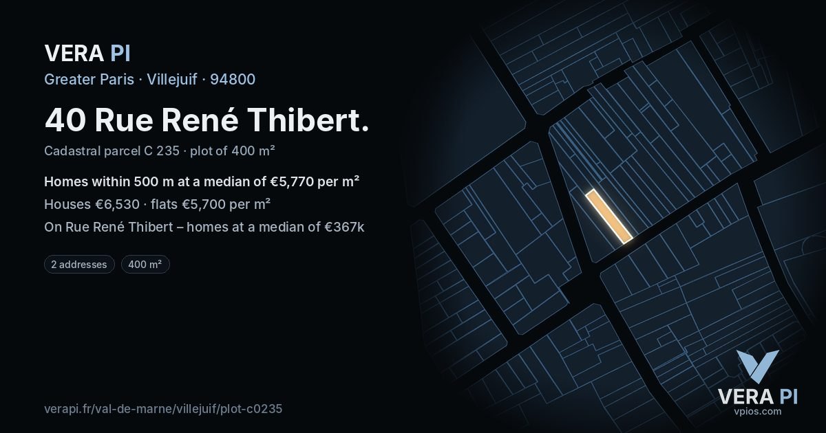 40 Rue René Thibert, Villejuif at night – the plot lit, the parcels around coloured by the prices near them