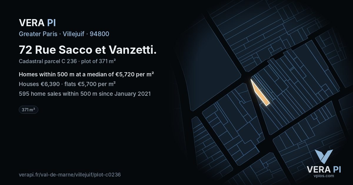 72 Rue Sacco et Vanzetti, Villejuif at night – the plot lit, the parcels around coloured by the prices near them