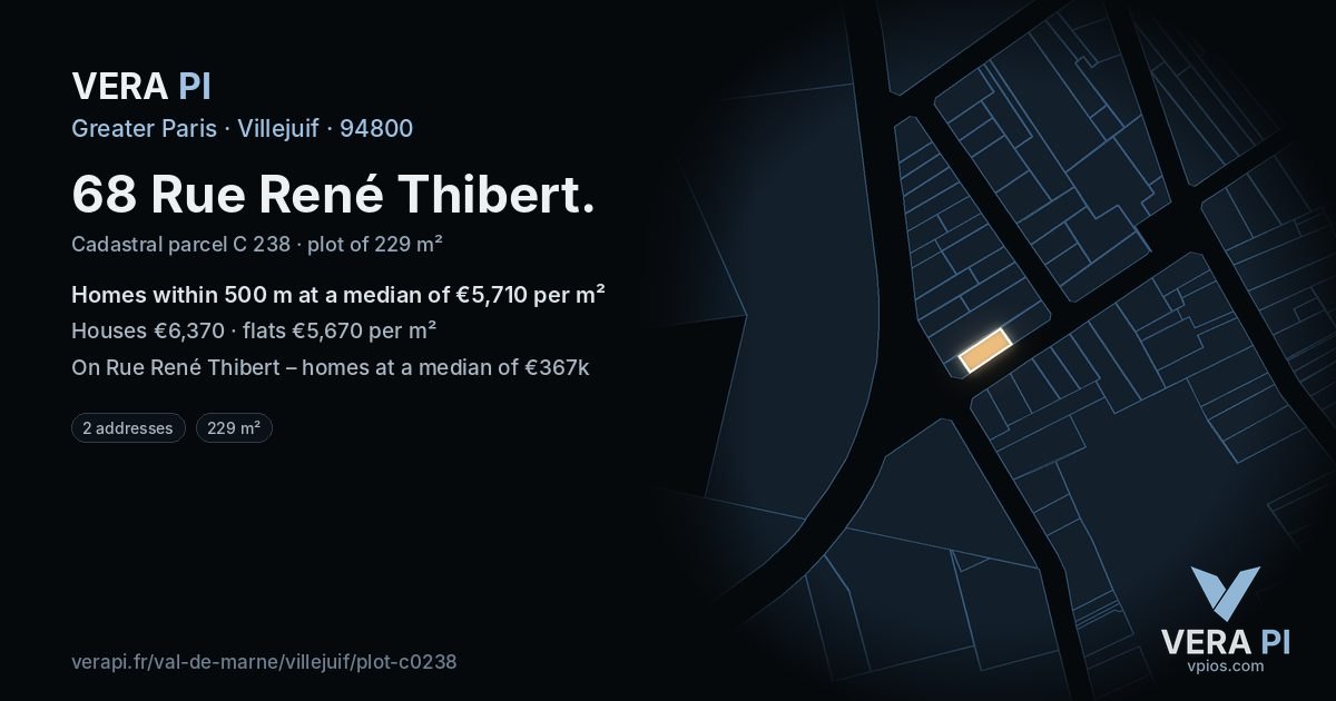 68 Rue René Thibert, Villejuif at night – the plot lit, the parcels around coloured by the prices near them
