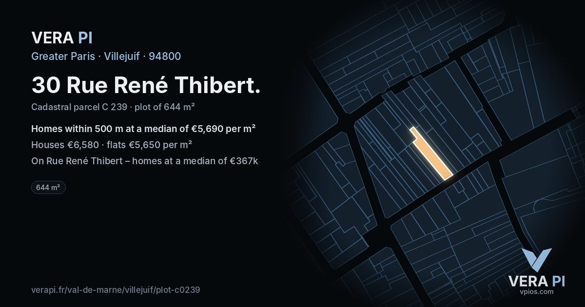 30 Rue René Thibert, Villejuif at night – the plot lit, the parcels around coloured by the prices near them