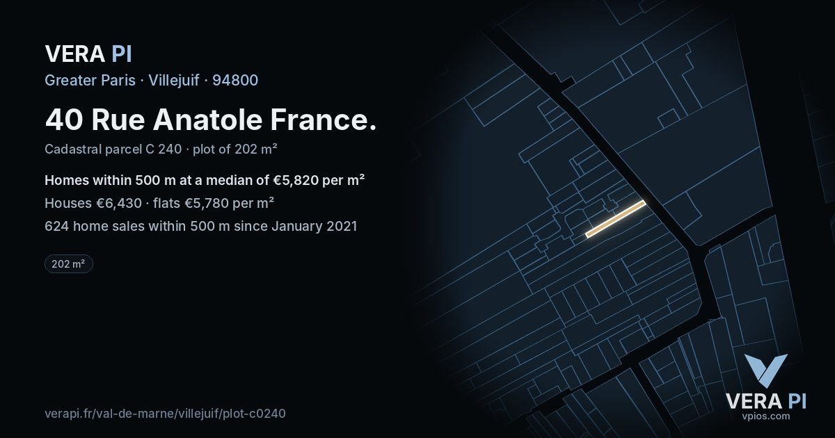 40 Rue Anatole France, Villejuif at night – the plot lit, the parcels around coloured by the prices near them