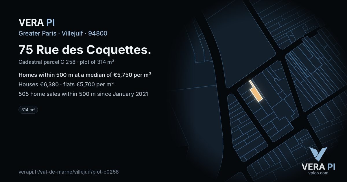 75 Rue des Coquettes, Villejuif at night – the plot lit, the parcels around coloured by the prices near them