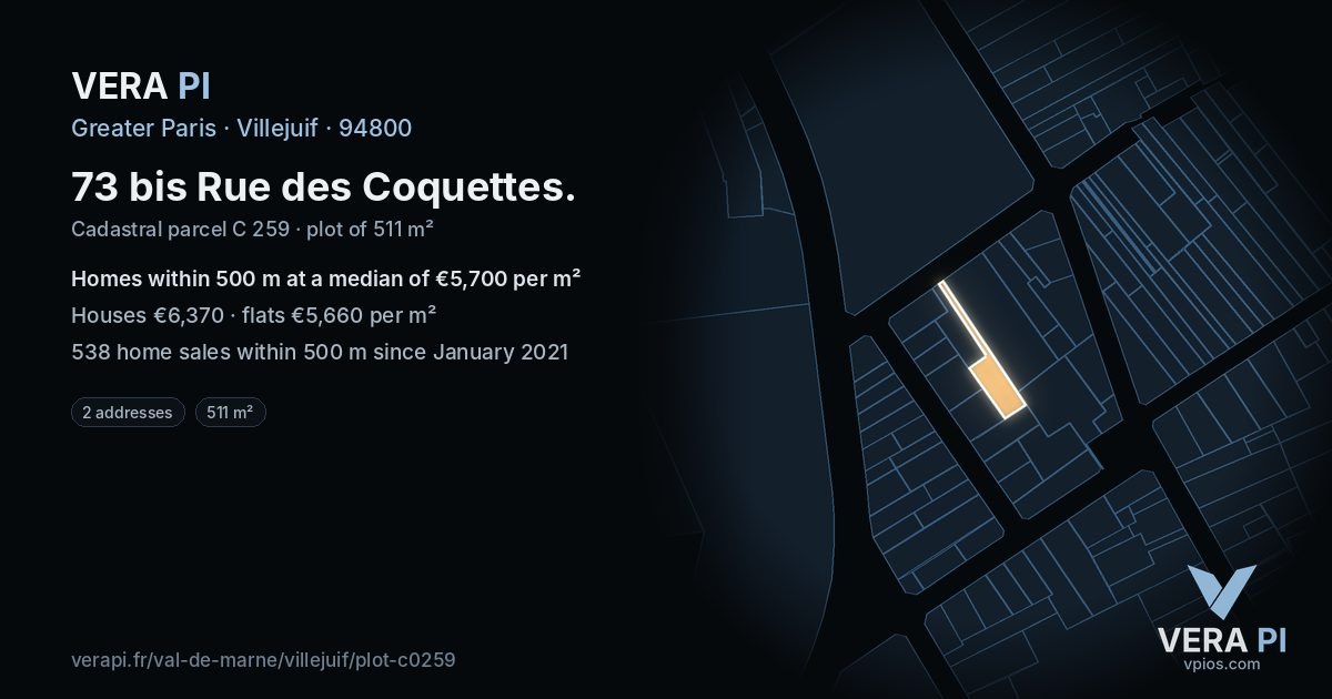 73 bis Rue des Coquettes, Villejuif at night – the plot lit, the parcels around coloured by the prices near them