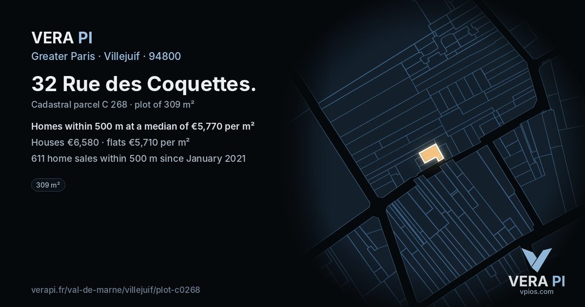 32 Rue des Coquettes, Villejuif at night – the plot lit, the parcels around coloured by the prices near them