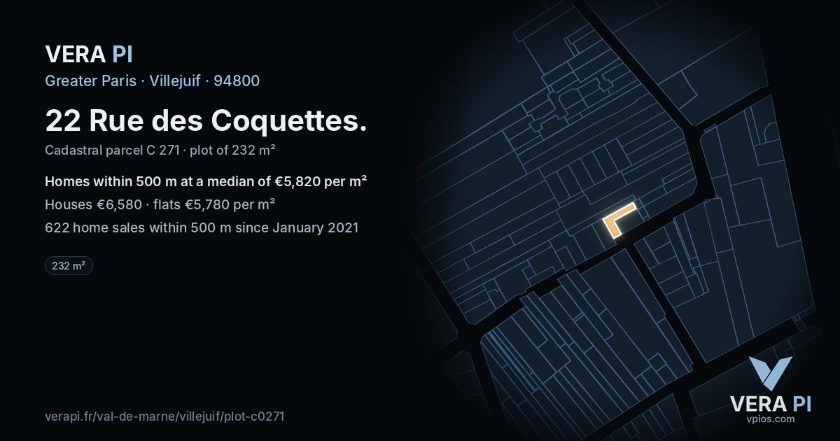 22 Rue des Coquettes, Villejuif at night – the plot lit, the parcels around coloured by the prices near them