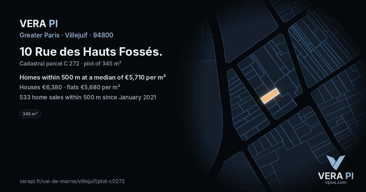 10 Rue des Hauts Fossés, Villejuif at night – the plot lit, the parcels around coloured by the prices near them
