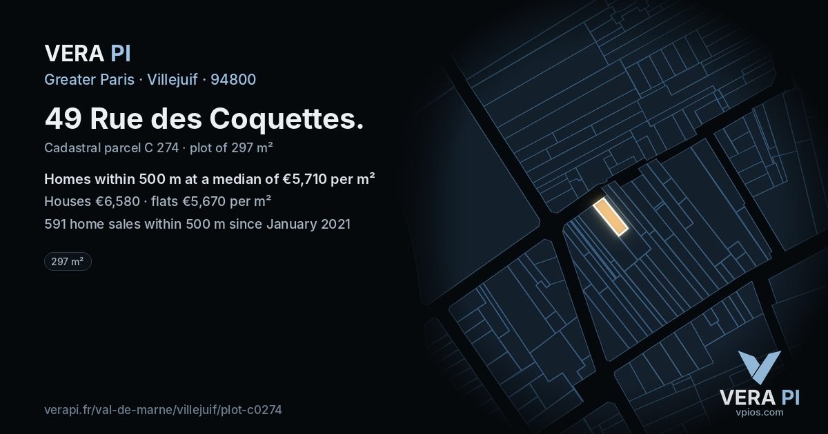 49 Rue des Coquettes, Villejuif at night – the plot lit, the parcels around coloured by the prices near them