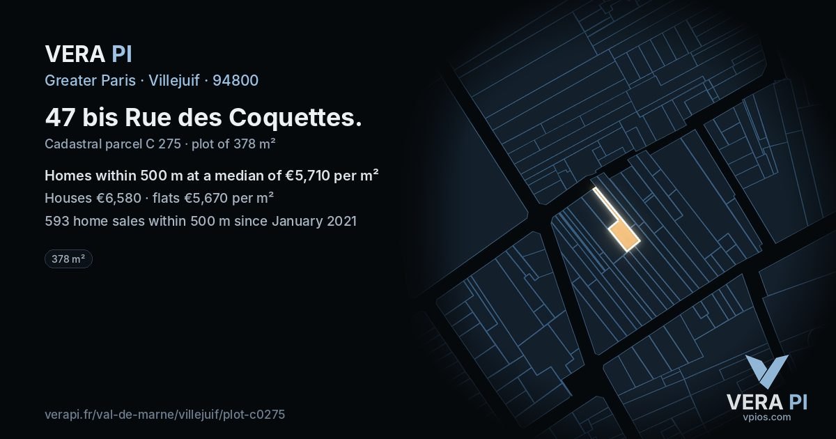 47 bis Rue des Coquettes, Villejuif at night – the plot lit, the parcels around coloured by the prices near them