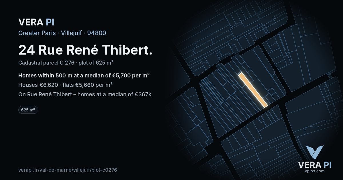 24 Rue René Thibert, Villejuif at night – the plot lit, the parcels around coloured by the prices near them