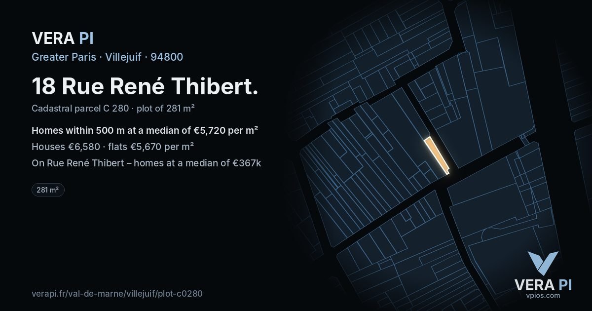 18 Rue René Thibert, Villejuif at night – the plot lit, the parcels around coloured by the prices near them