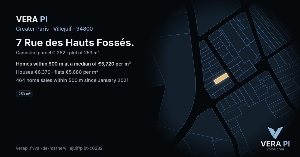 7 Rue des Hauts Fossés, Villejuif at night – the plot lit, the parcels around coloured by the prices near them