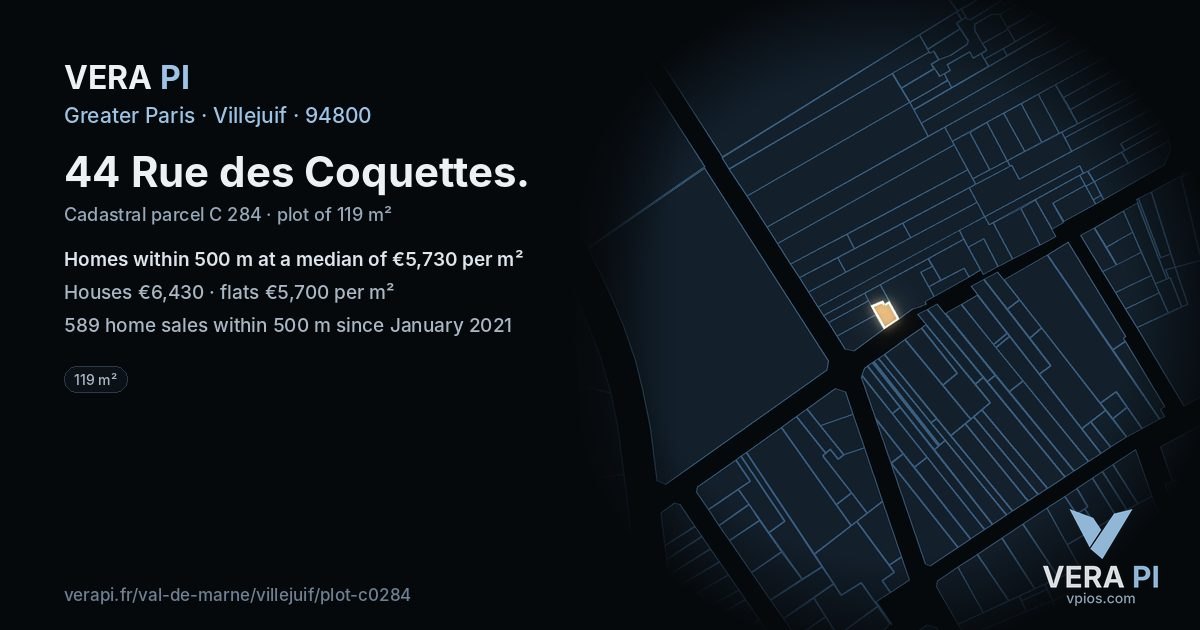 44 Rue des Coquettes, Villejuif at night – the plot lit, the parcels around coloured by the prices near them