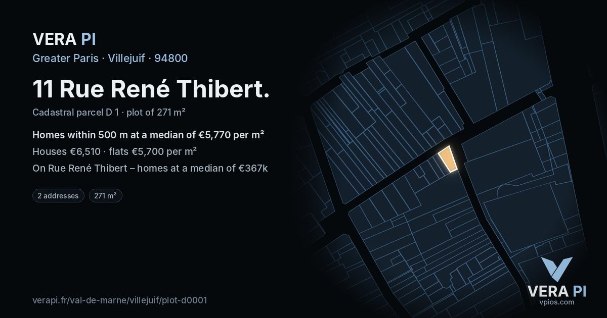 11 Rue René Thibert, Villejuif at night – the plot lit, the parcels around coloured by the prices near them
