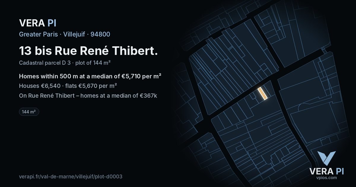 13 bis Rue René Thibert, Villejuif at night – the plot lit, the parcels around coloured by the prices near them