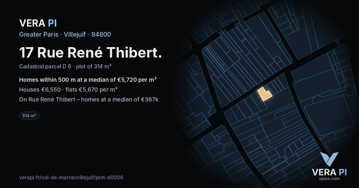 17 Rue René Thibert, Villejuif at night – the plot lit, the parcels around coloured by the prices near them