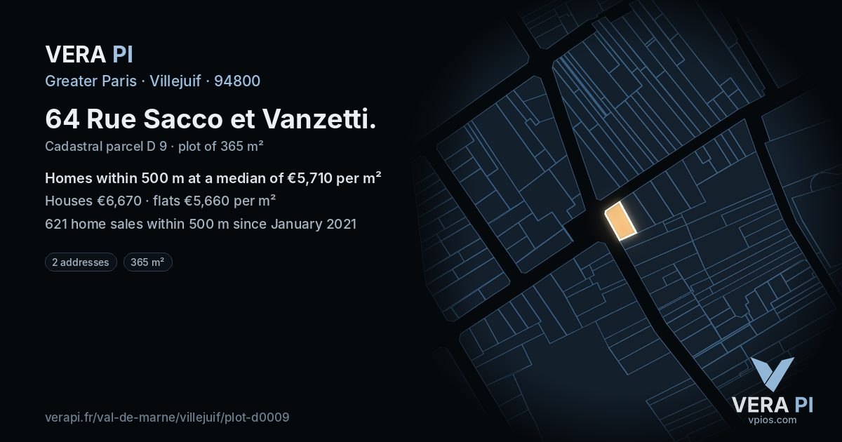 64 Rue Sacco et Vanzetti, Villejuif at night – the plot lit, the parcels around coloured by the prices near them