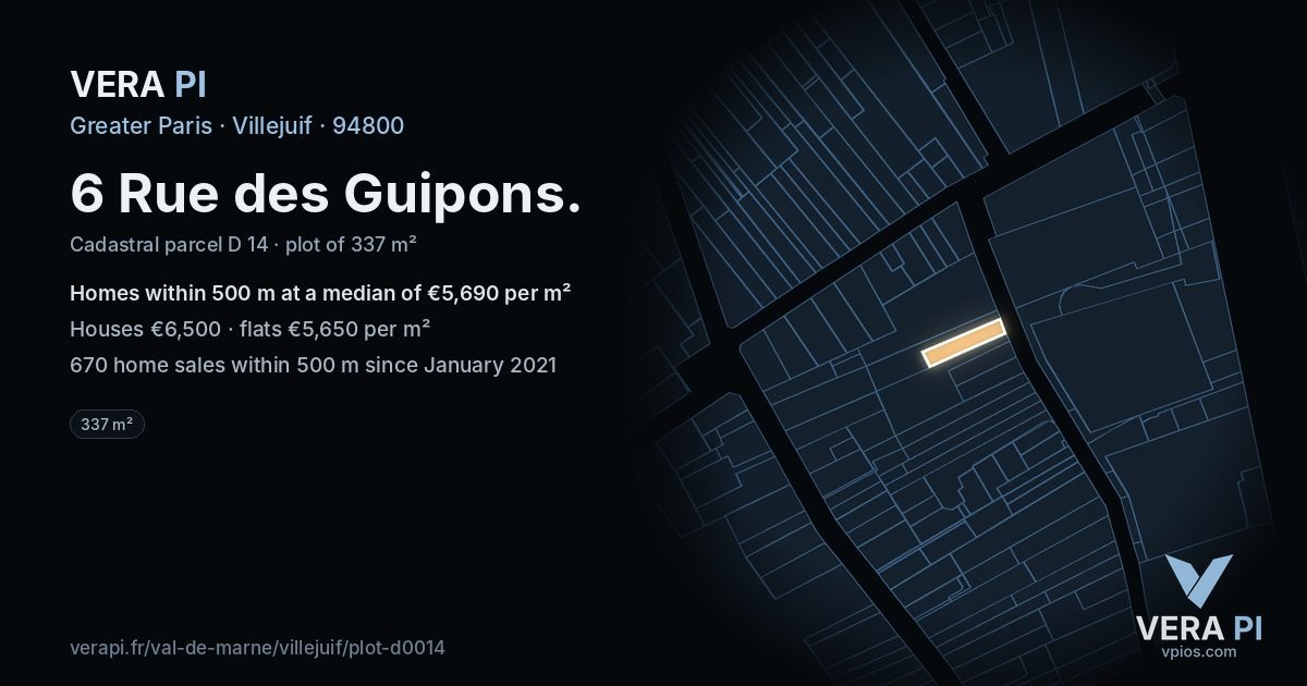 6 Rue des Guipons, Villejuif at night – the plot lit, the parcels around coloured by the prices near them