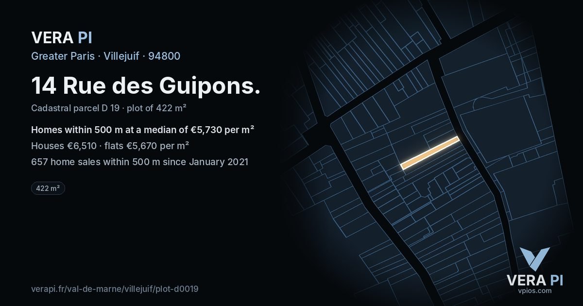 14 Rue des Guipons, Villejuif at night – the plot lit, the parcels around coloured by the prices near them
