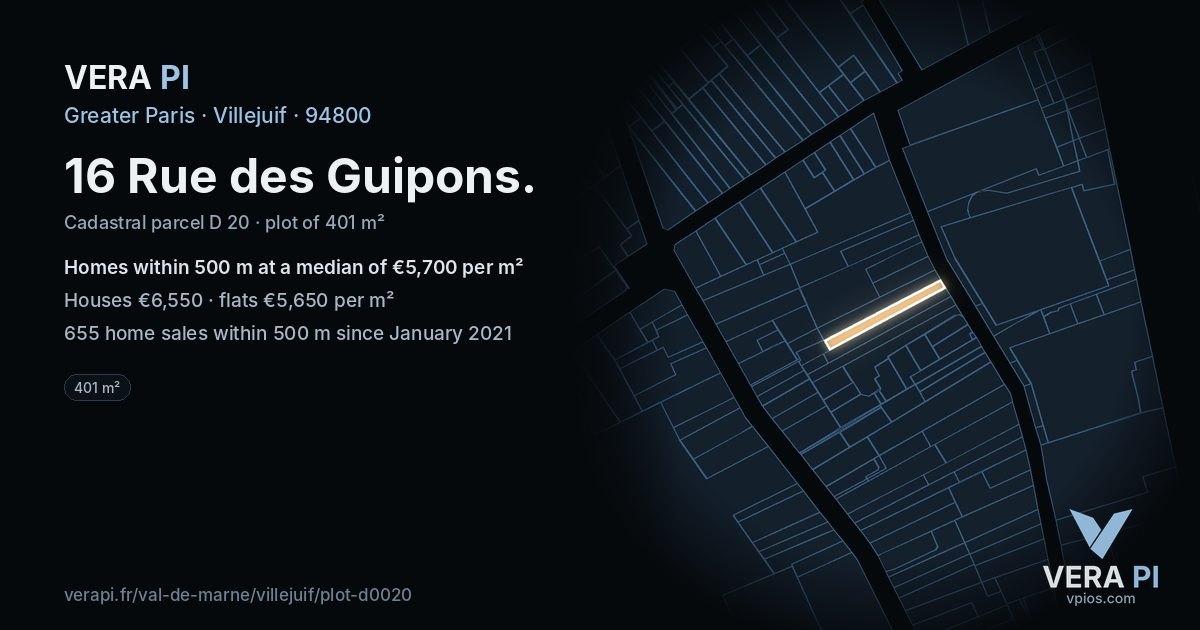 16 Rue des Guipons, Villejuif at night – the plot lit, the parcels around coloured by the prices near them