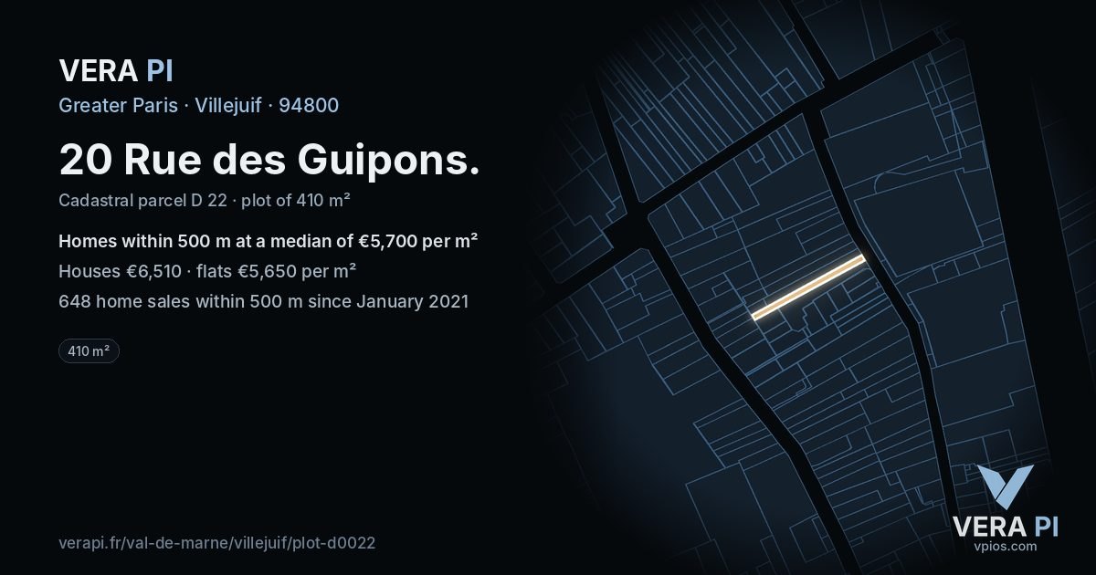 20 Rue des Guipons, Villejuif at night – the plot lit, the parcels around coloured by the prices near them