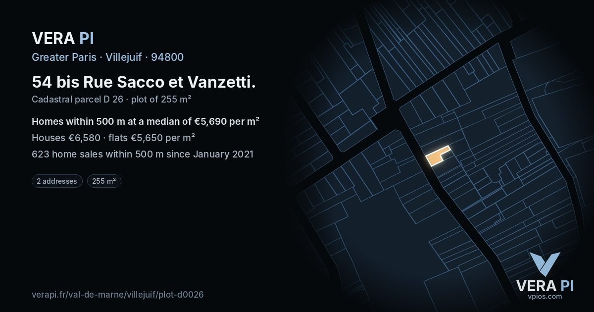 54 bis Rue Sacco et Vanzetti, Villejuif at night – the plot lit, the parcels around coloured by the prices near them